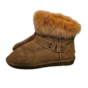 Bearpaw Womens Brown Suede Fur Trimmed Ankle Boots Size 8 Tan Rabbit Fur Suede